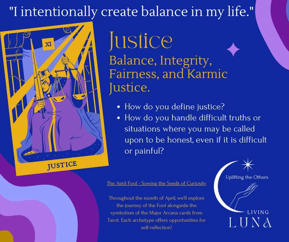 Justice Tarot Card illustration featuring a figure holding scales and a sword, symbolizing fairness and karmic truth