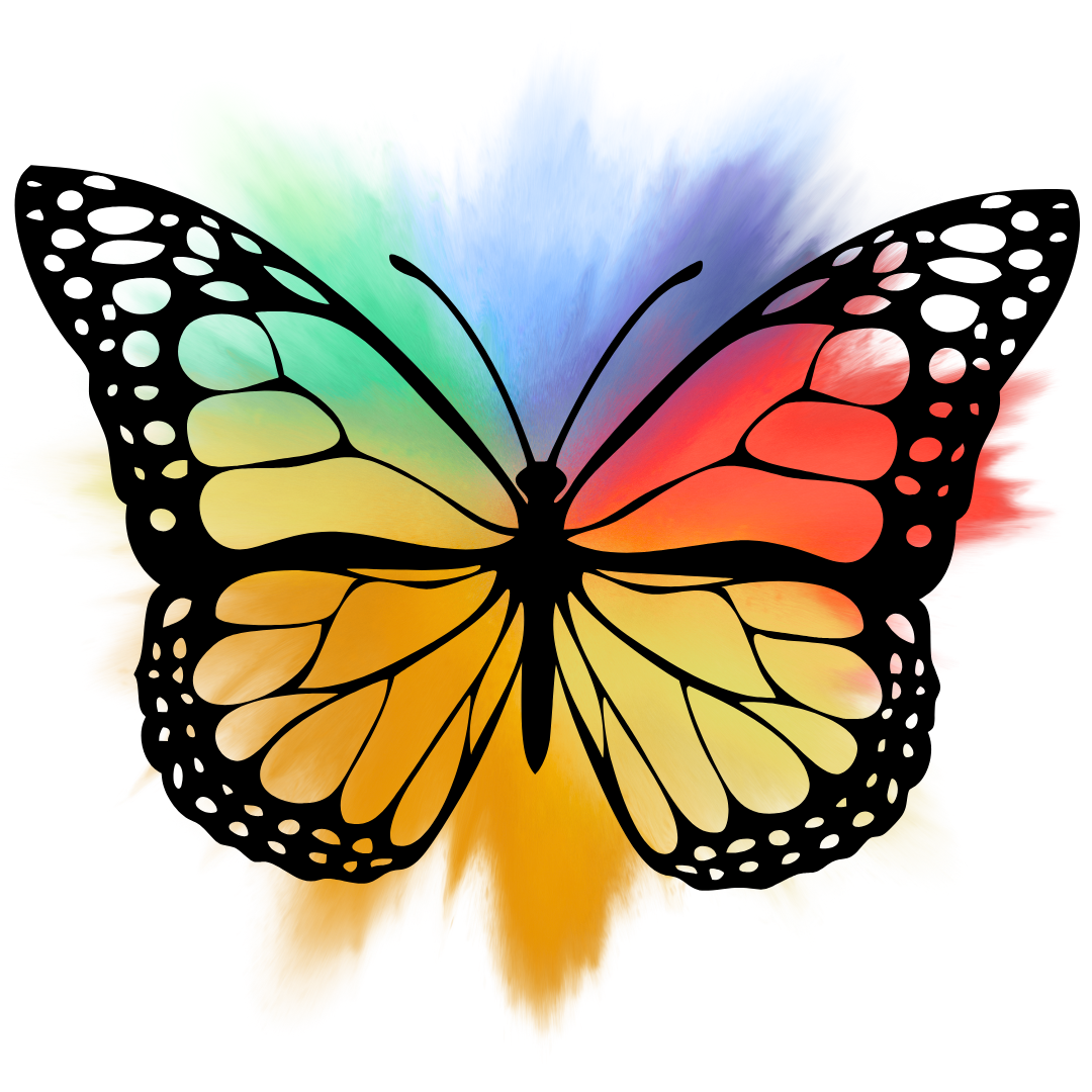 A colorful butterfly with black outline over an abstract rainbow-colored background.