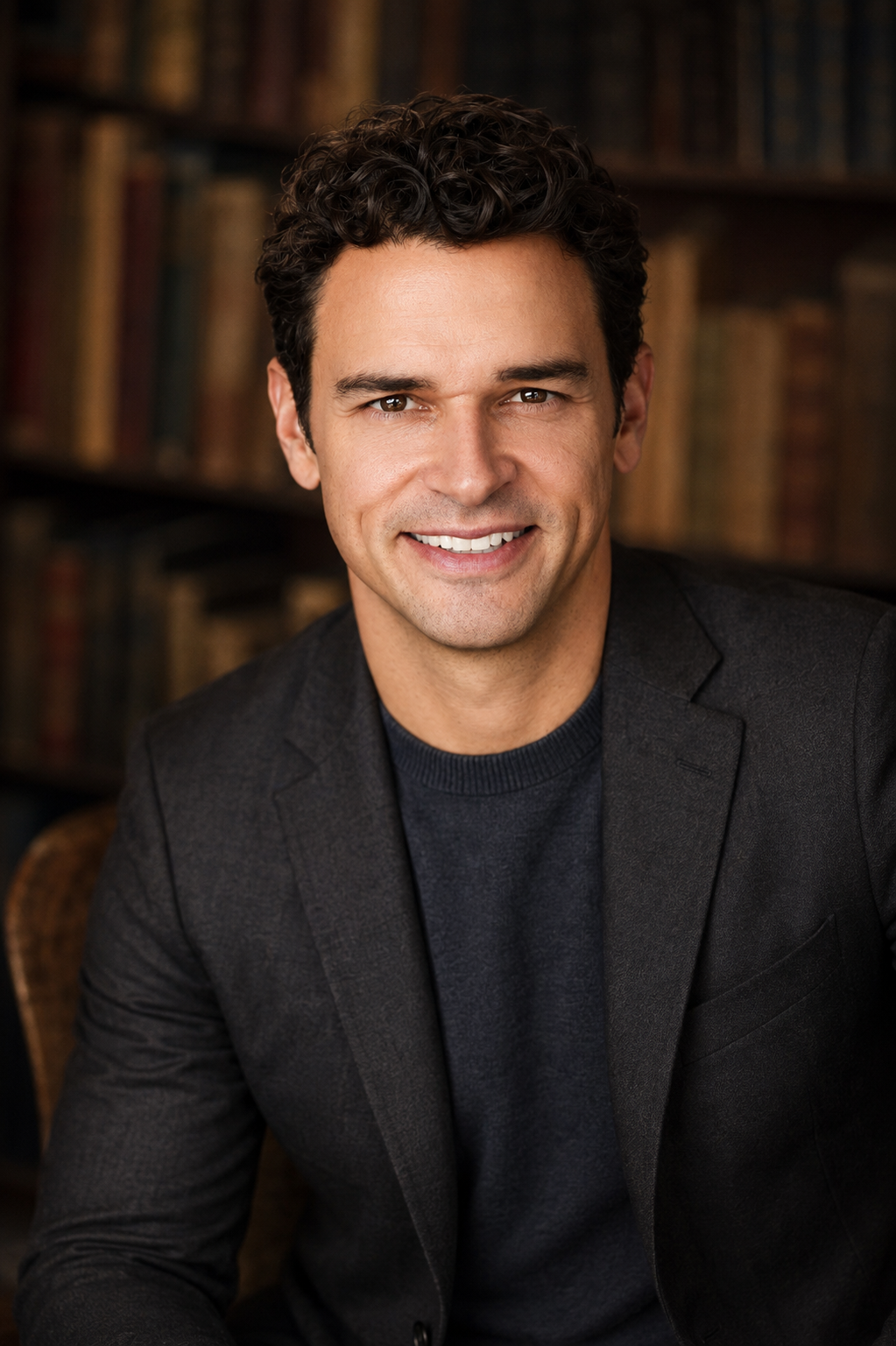 A man with dark curly hair smiling at the camera, wearing a dark blazer and a dark shirt, in front of a blurred background of bookshelves.