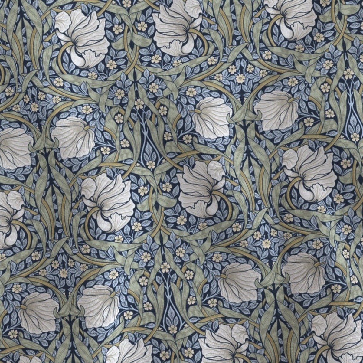 William Morris Pimpernel pattern in sage green and blue colorway