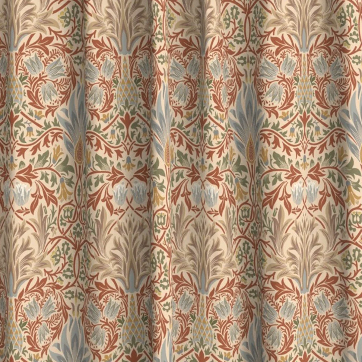 William Morris Snakeshead pattern in earthtone bisque colorway, draped curtain fabric