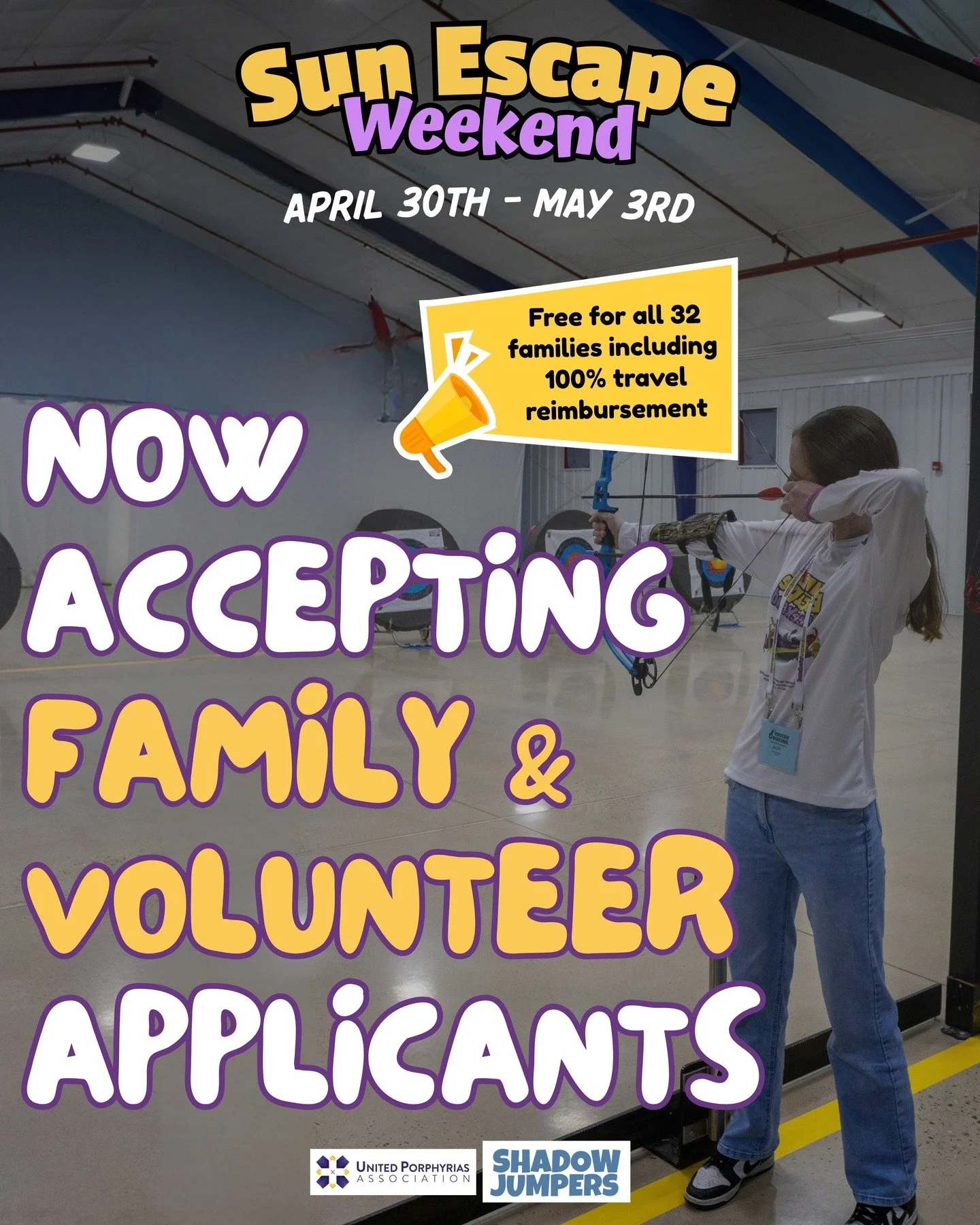 Our 2026 Sun Escape application window is officially open, and we want YOU there with us for this one-of-a-kind photosensitive safe experience. Swipe to learn more. 
Shadow Jumpers and the United Porphyrias Association are looking for 32 photosensit