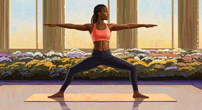 A woman practicing yoga in a studio with large windows and a flower bed outside, standing in Warrior II pose on a yoga mat.
