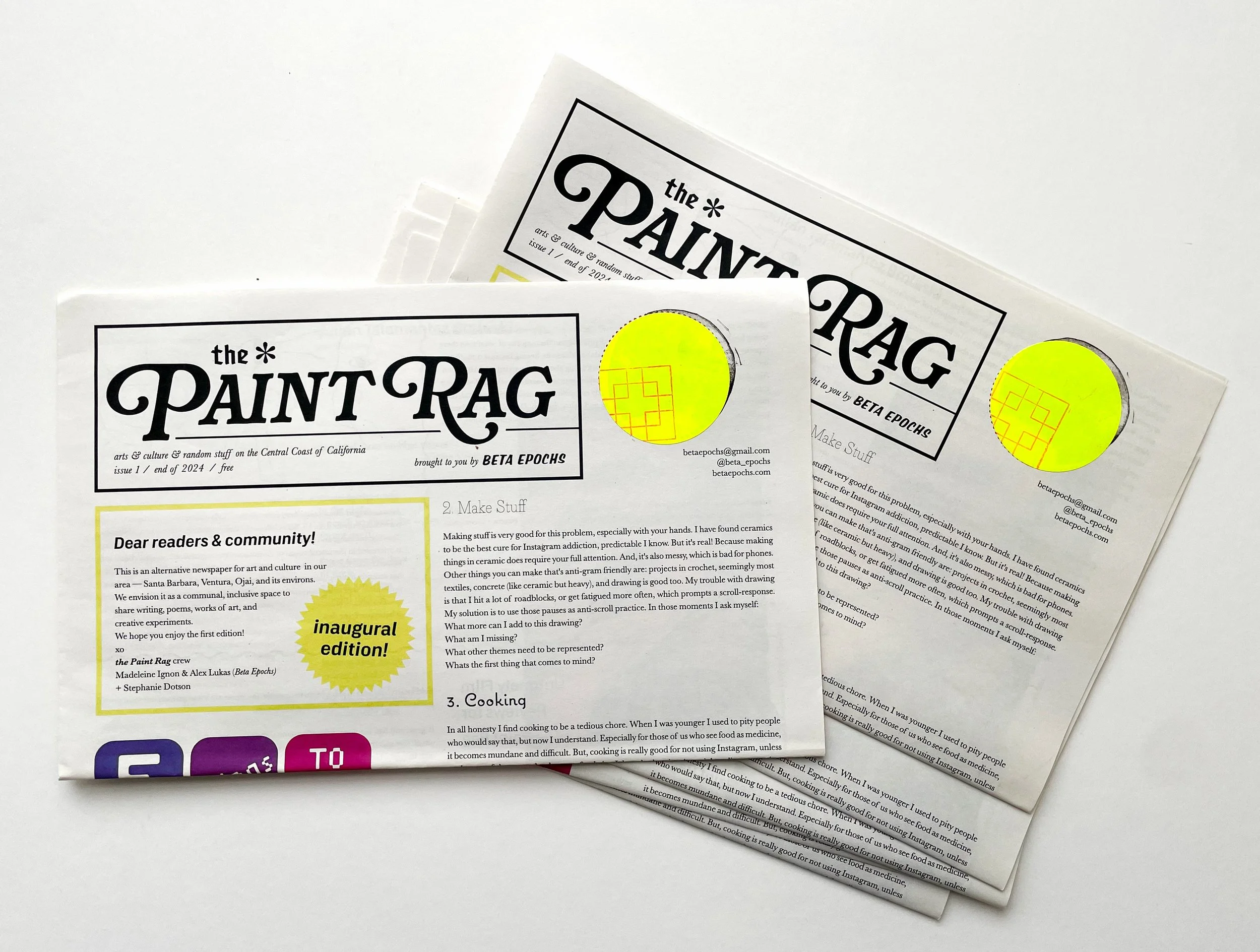 The Paint Rag Central Coast arts & culture newspaper, premiere issue Fall 2024; Art direction, design, and curation by Madeleine Ignon