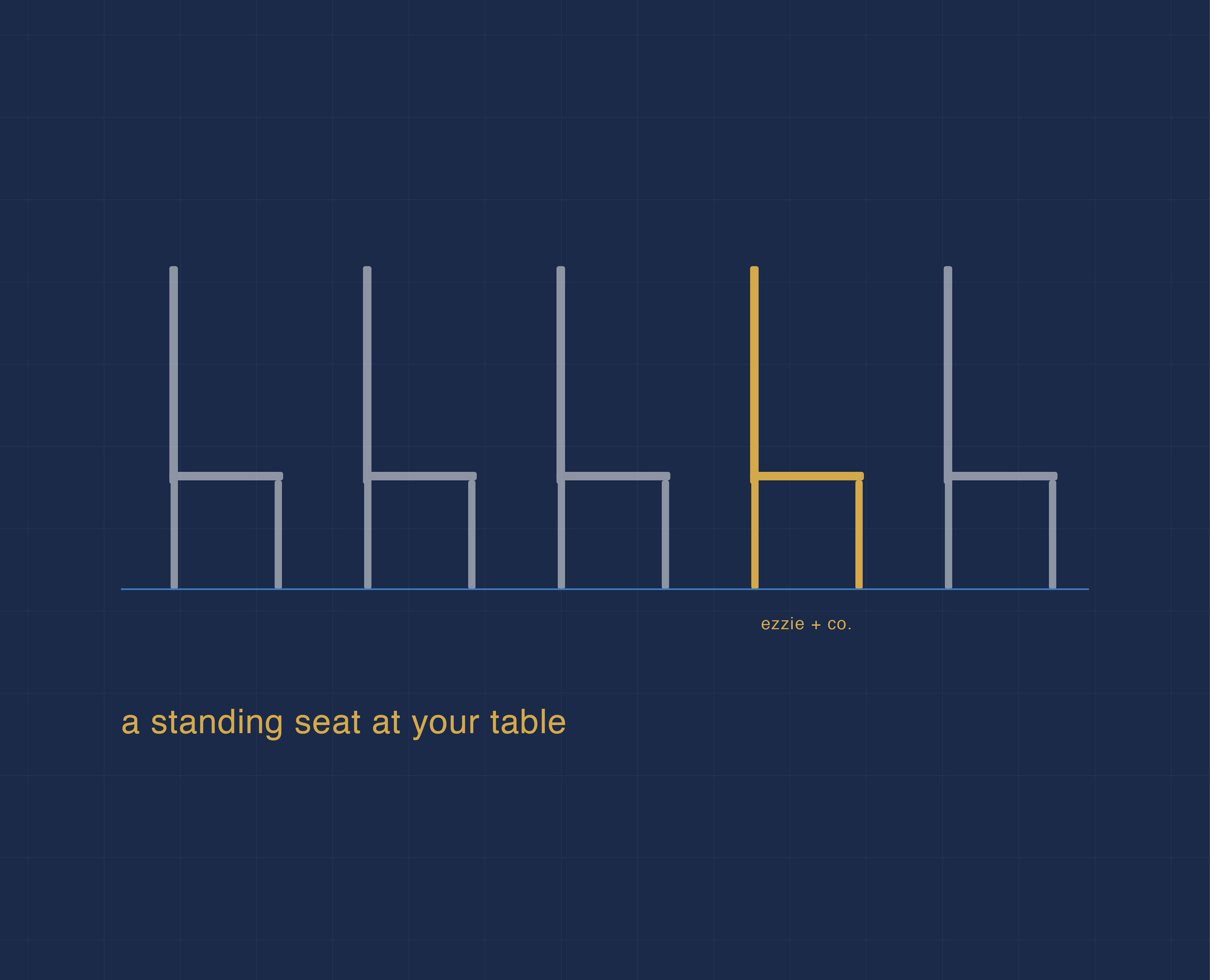 Five chairs in a row with one in gold, illustrating a standing AI advisory seat on monthly retainer