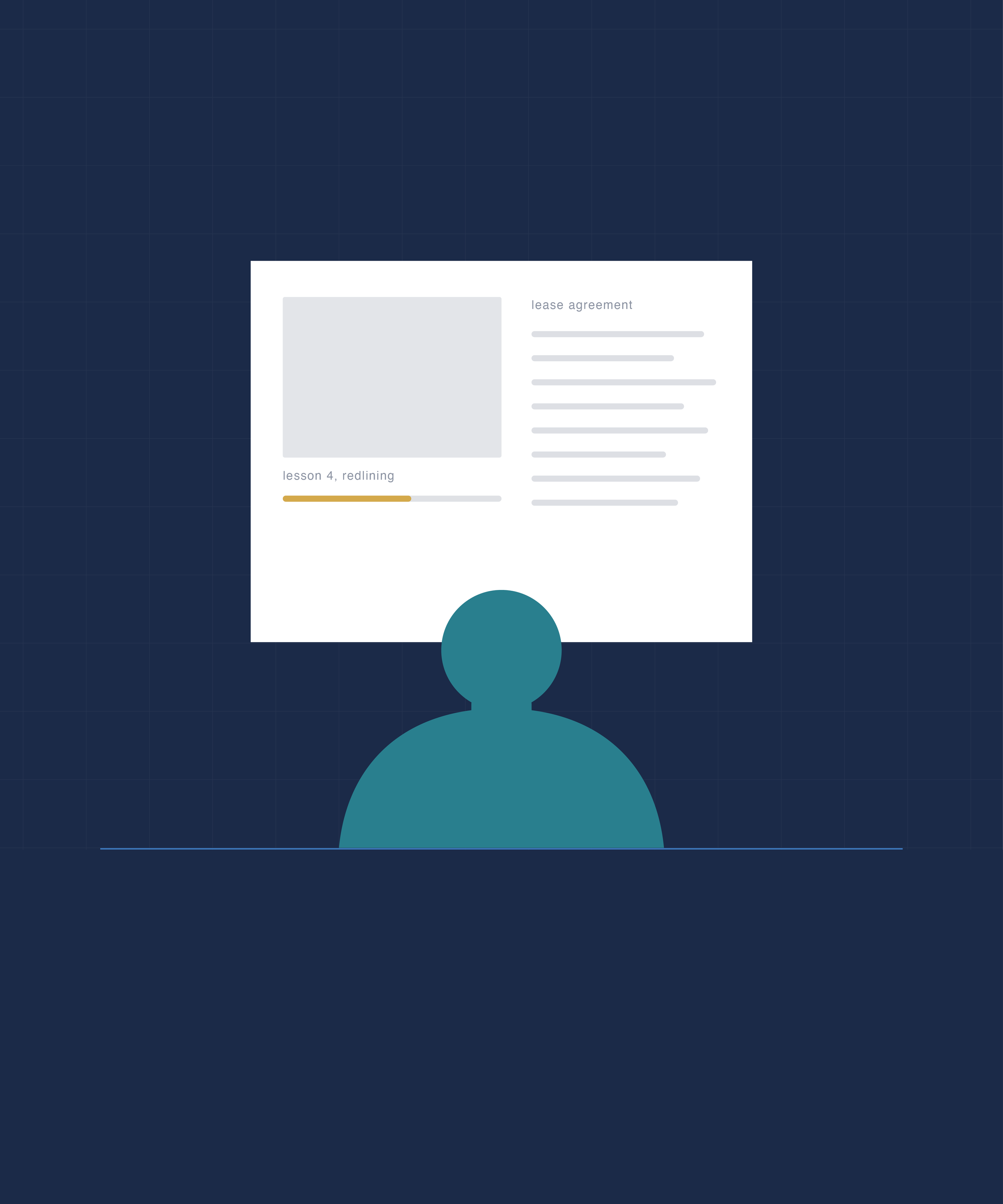 A lawyer at their desk taking a self-paced AI course, with a video lesson and a lease document open on screen