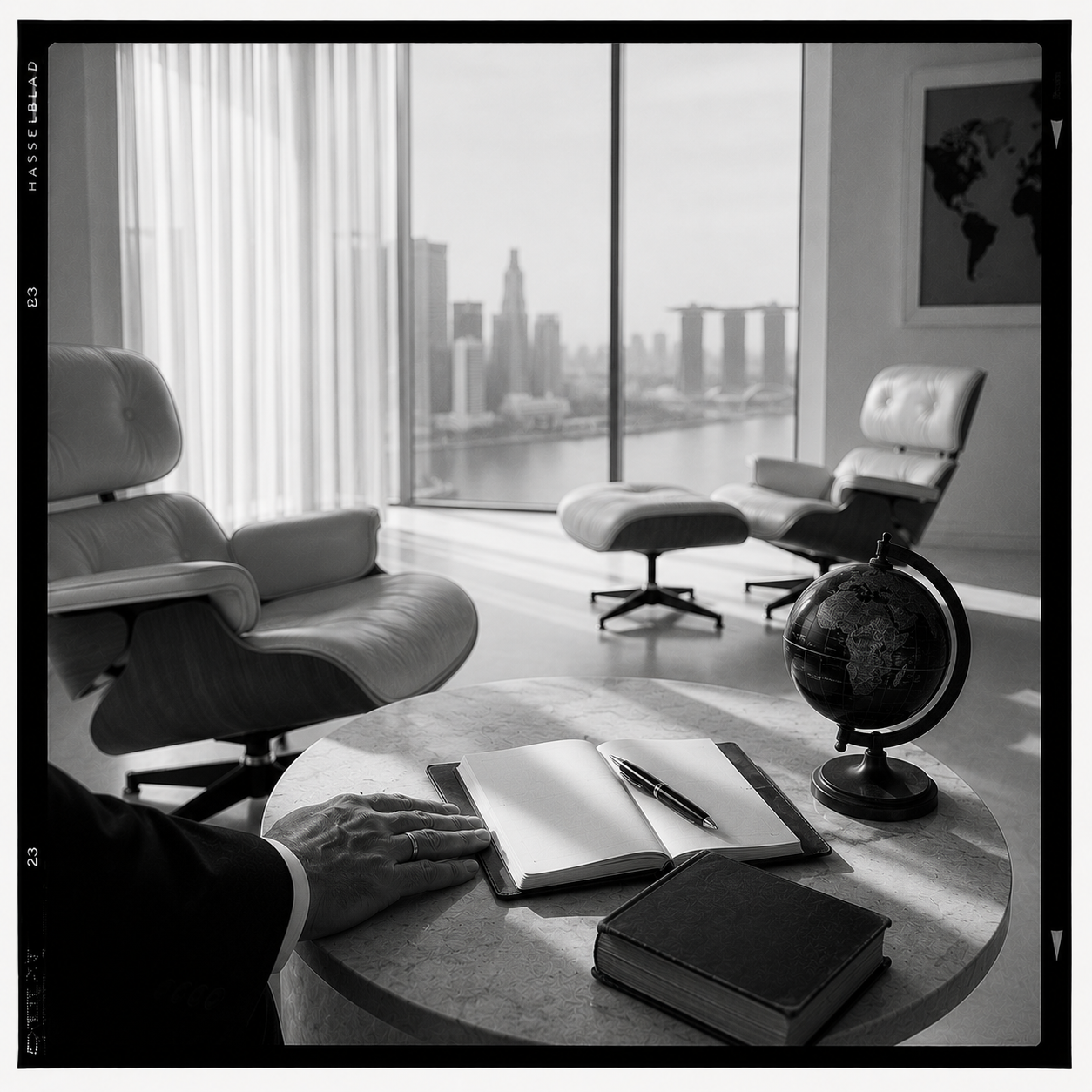 Bureau de psychanalyste avec vue sur une skyline internationale, fauteuils Eames, carnet et globe terrestre