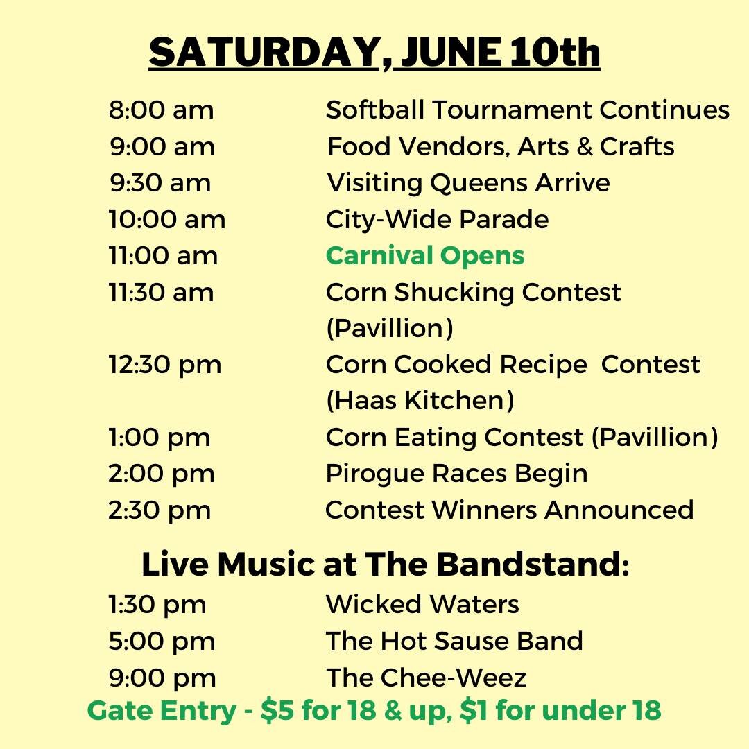 Happy Day 3 of the Louisiana Corn Festival!!! 

Today, the Softball Tournament continues starting at 8:00 am, and the Food, Beverage, and Arts &amp; Crafts Vendors all open at 9:00 am. Our City-Wide Parade rolls at 10:00 am down Main Street and the C