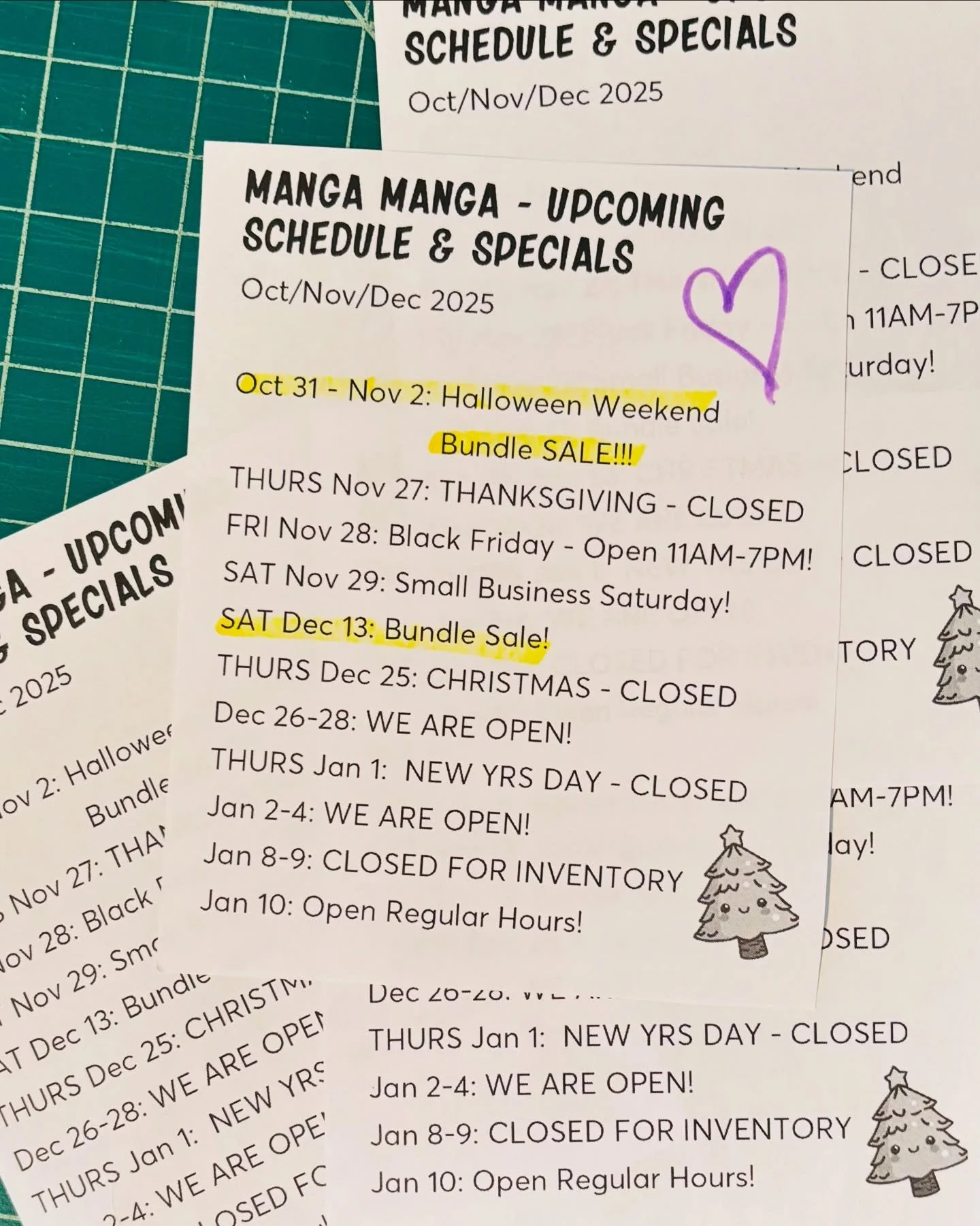 Note our upcoming specials and holiday hours! Two bundle sales are scheduled (and more specials to be added!)🤩

OPEN 11AM -7PM

&mdash;-

NEW FALL/WNTR HOURS!

MONDAY: CLOSED
TUESDAY: CLOSED
WEDNESDAY: CLOSED
THURSDAY: 3:00 PM - 7:00 PM
FRIDAY: 3:00
