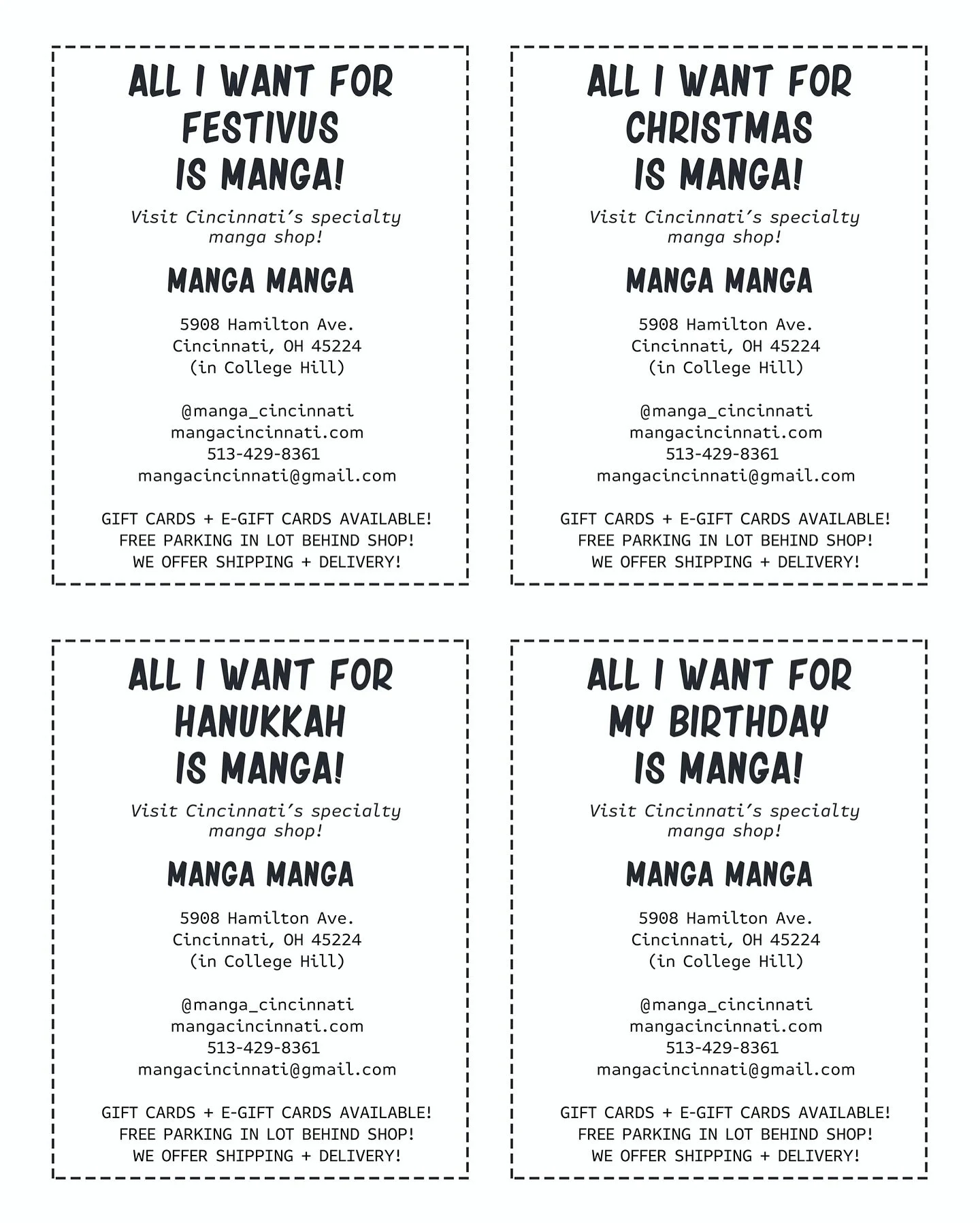 We got you covered for all the holidays🤗 These flyers are printed and available at the shop - pass along to friends and family and get the presents you are truly wishing for🎁 Gift cards and e-gift cards available too! We hope to see u this weekend!