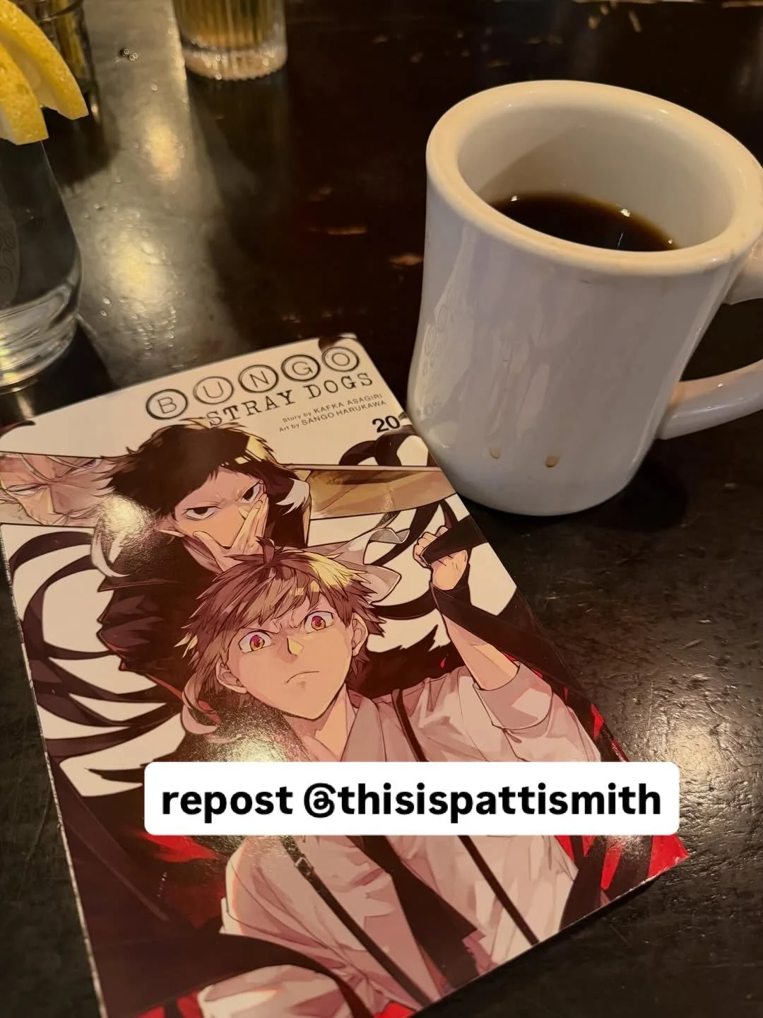 Patti Smith reads Bungo🤯

&mdash;-
Repost @thisispattismith 

This is
Morning coffee
Reading Stray Dogs
Listening to Stray Kids
Excited to bring Horses
to the city where it was
truly born. 🐎🐎🐎

&mdash;-

New releases will be posted tomorrow! Sorr