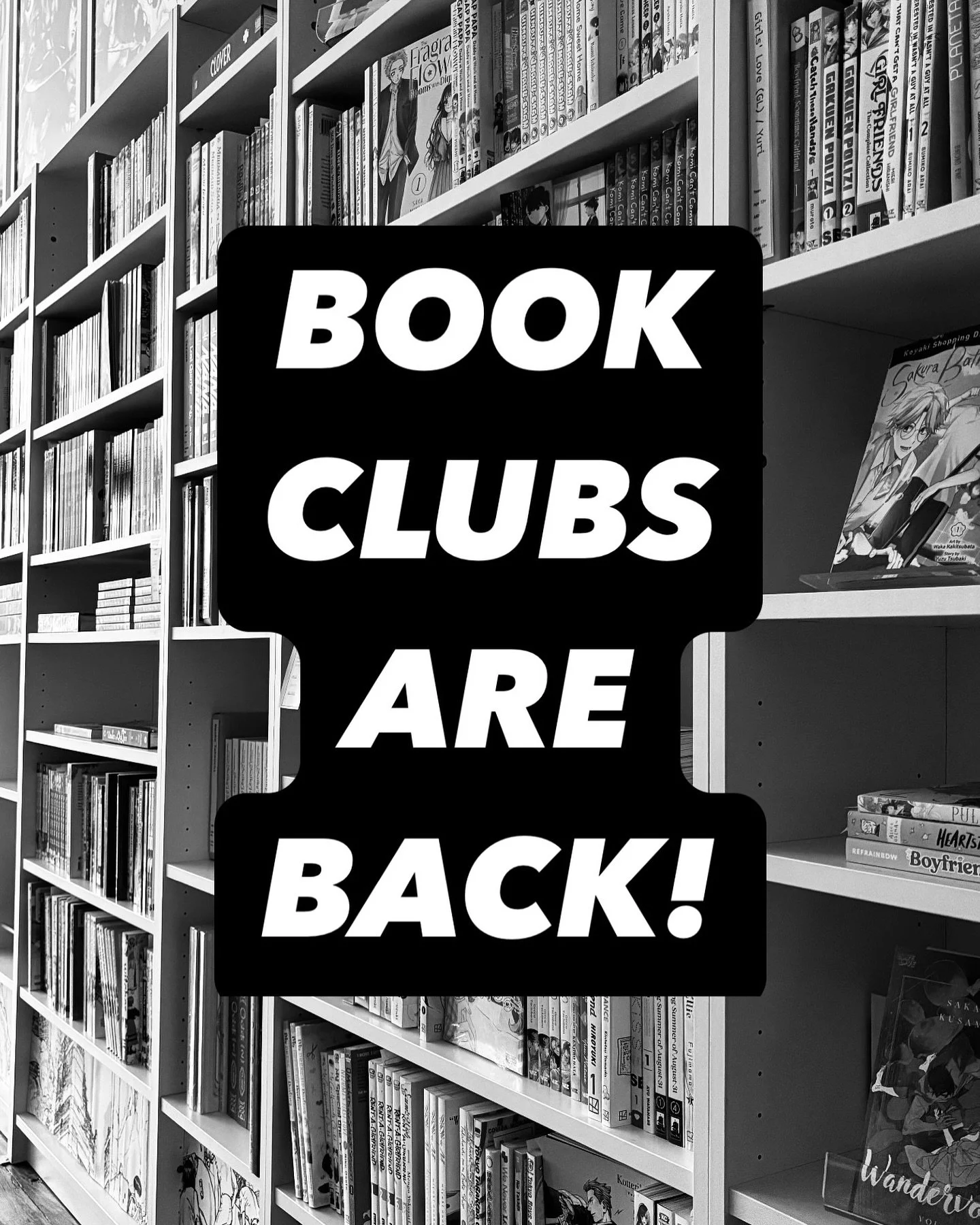 Summer 2026 BOOK CLUBS: HOSTED BY MANGA MANGA

Series will be announced on Friday! Spots on sale next week! Clubs start mid-June! 

-All clubs facilitated by our lovely employee Chlo&euml;

- Clubs start mid-June on Tuesdays / Wednesdays - 6:30PM - 8