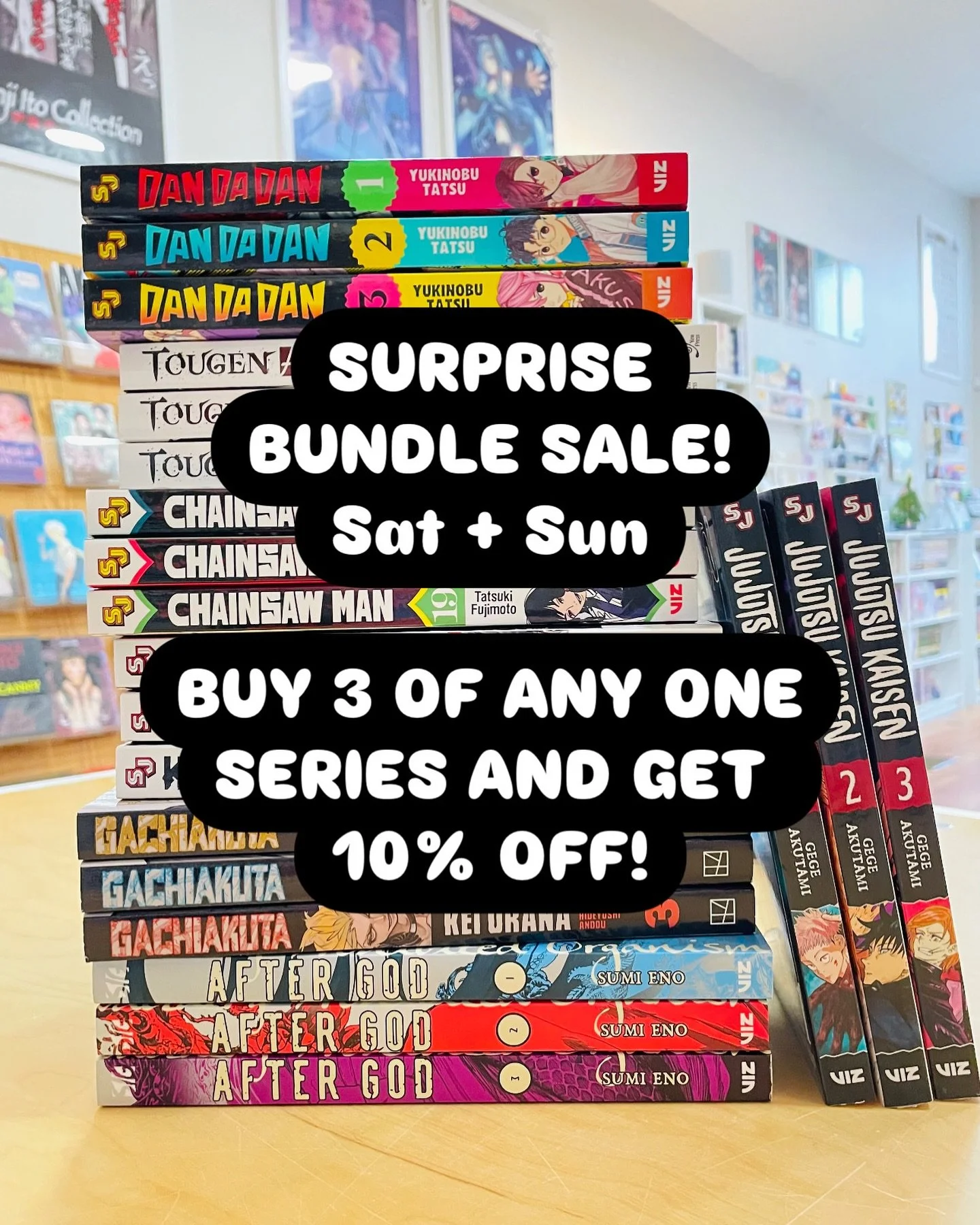 Happy Weekend! Bundle Up + Save Sale today and tomorrow! Buy 3 or more volumes of ANY one series and get 10% off each book. Volumes do not need to be sequential!!! Sale includes used books, too!

OPEN 11AM - 7PM🤗

&mdash;-

HOURS 

MONDAY: CLOSED
TU