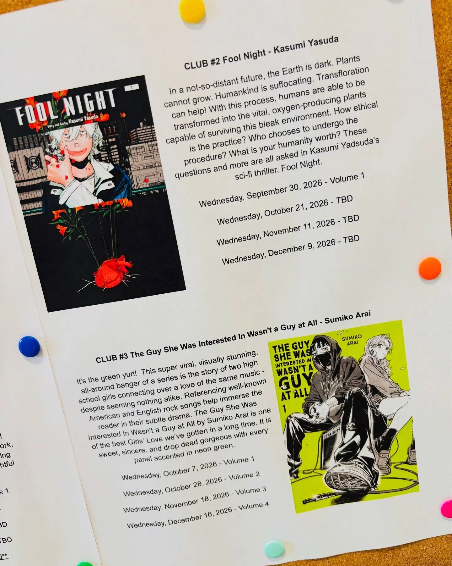 BOOK CLUB SPOTS STILL ON SALE! STARTS SOON!

Fall 2026 BOOK CLUBS: HOSTED BY MANGA MANGA

CLUB 2 -&nbsp;Fool Night - Kasumi Yasuda
CLUB 3 -&nbsp;The Guy She Was Interested In Wasn&rsquo;t a Guy at All - Sumiko Arai

On sale online now!

-All clubs fa