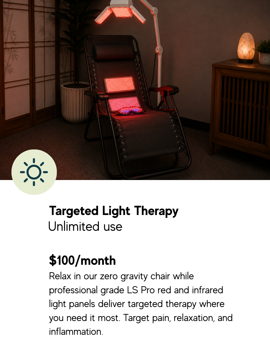 A zero gravity chair with professional grade LS Pro red and infrared light therapy panels positioned for targeted treatment in a relaxing wellness space.