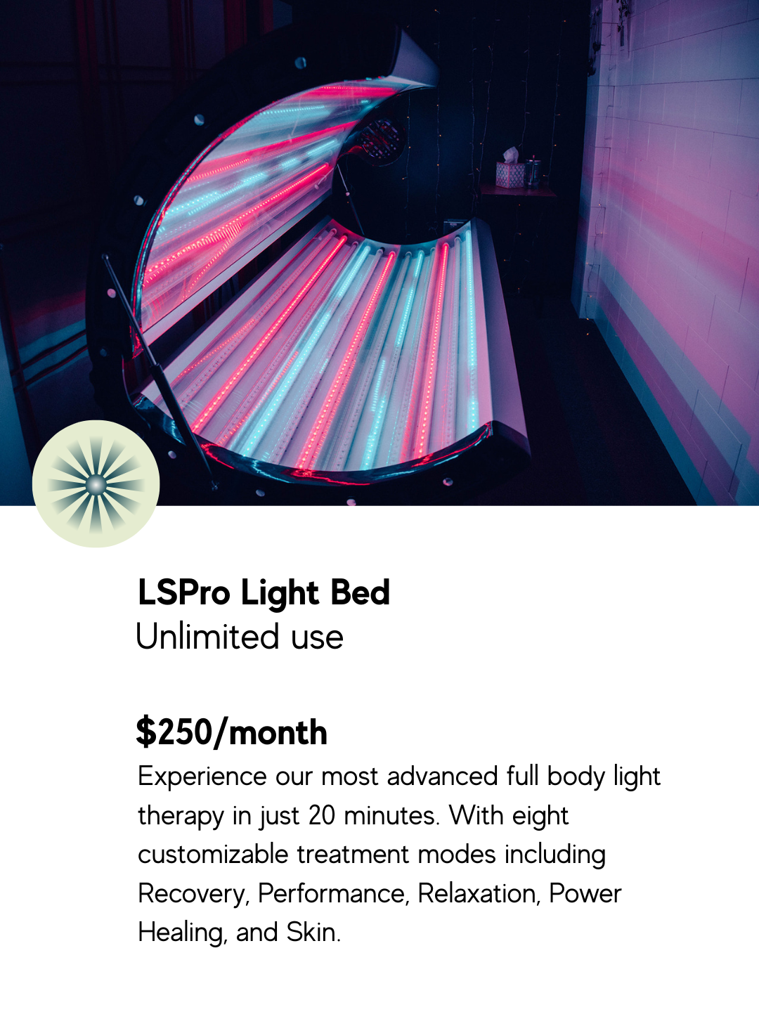 An advanced LS Pro full body light therapy bed with customizable red and infrared treatment modes in a private wellness room.