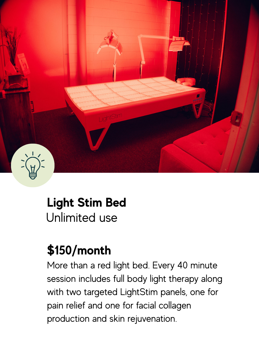 A LightStim full body red and infrared light therapy bed with targeted facial and pain relief panels in a relaxing treatment room.