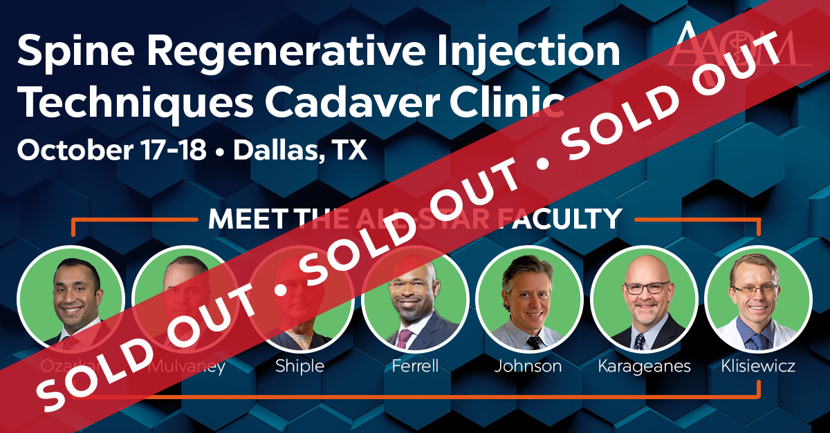 Group of medical professionals in blue scrubs attending a surgical procedure during a Spine Injection Techniques Cadaver Clinic with a banner showing the event details and testimonial quote.