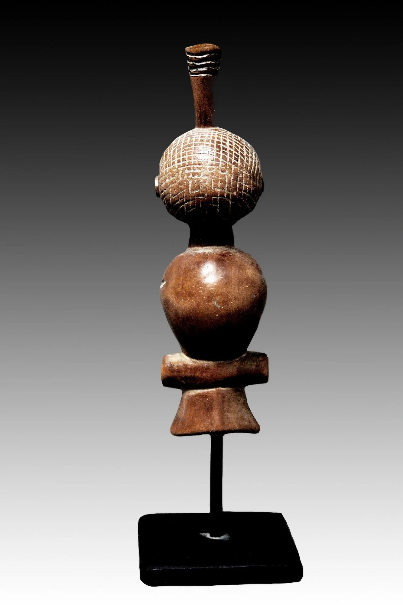 Chokwe whistle back view, rich patina.  www.gallerytribalart.com