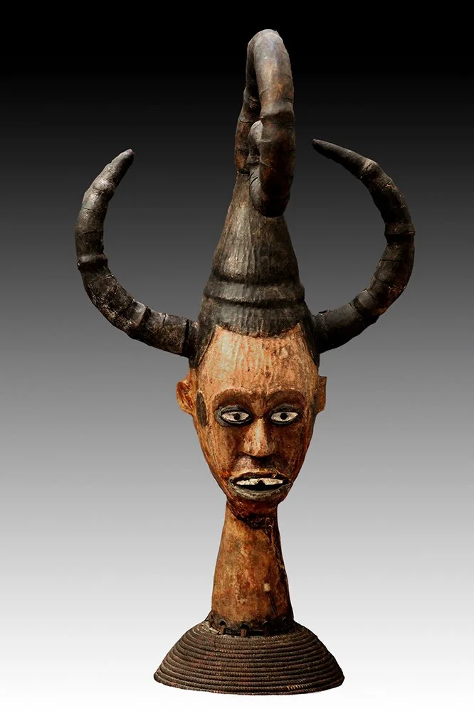 Ekoi skin covered mask with horns.  www.gallerytribalart.com