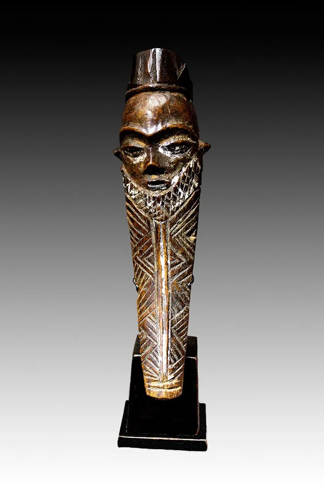 Pende Ikhoko wooden amulet with headgear.  www.gallerytribalart.com