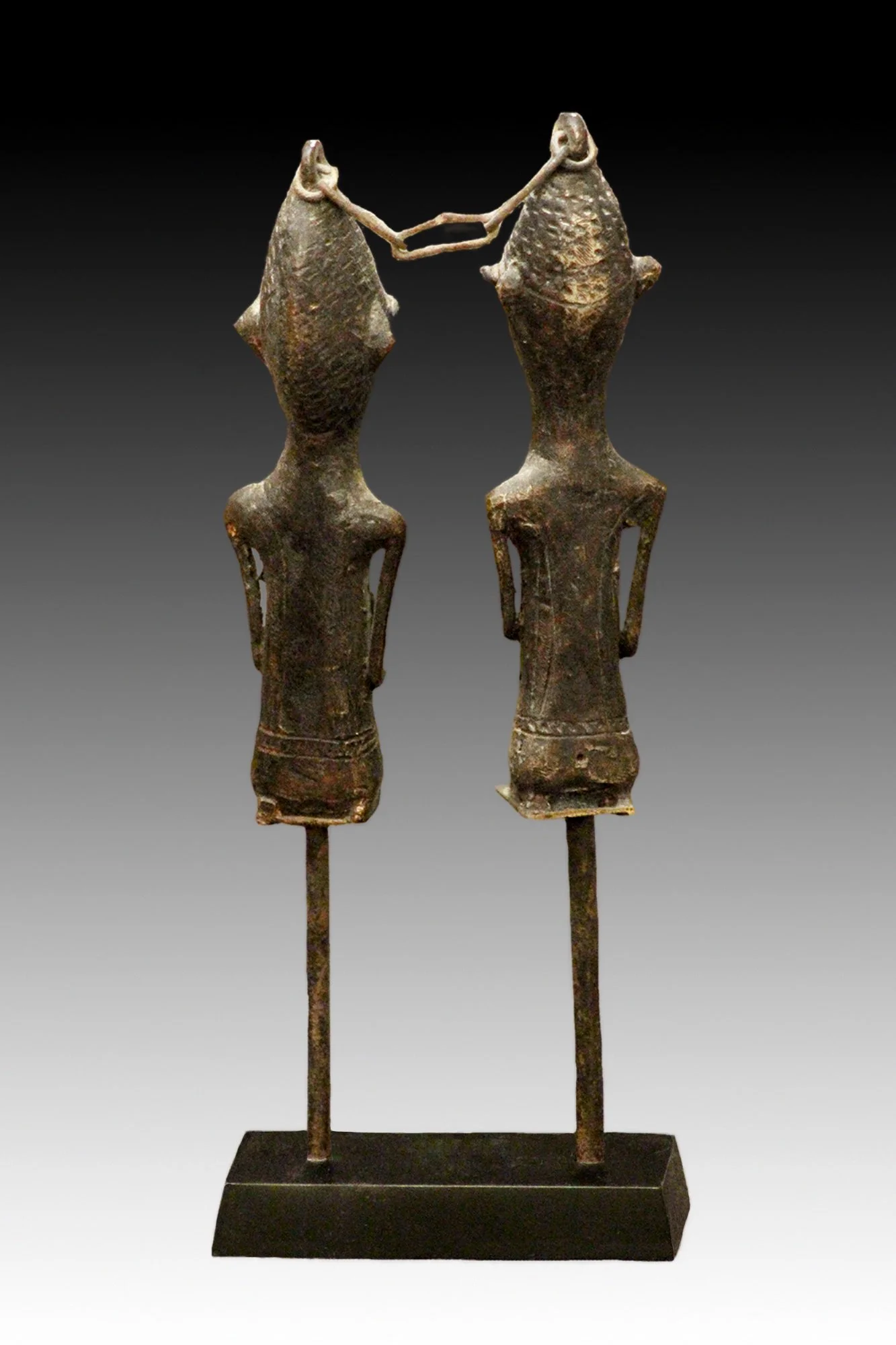 Ogboni edan figures, back view, brass cast figures, Nigeria.  www.gallerytribalart.com