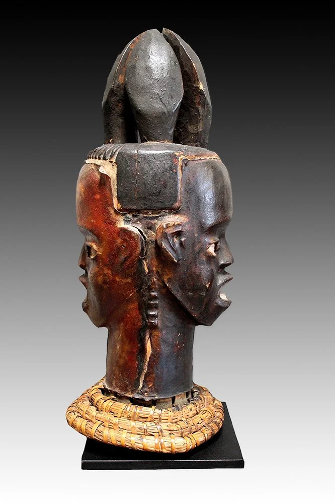 Ekoi or Ejagham mask with antelope skin.  www.gallerytribalart.com