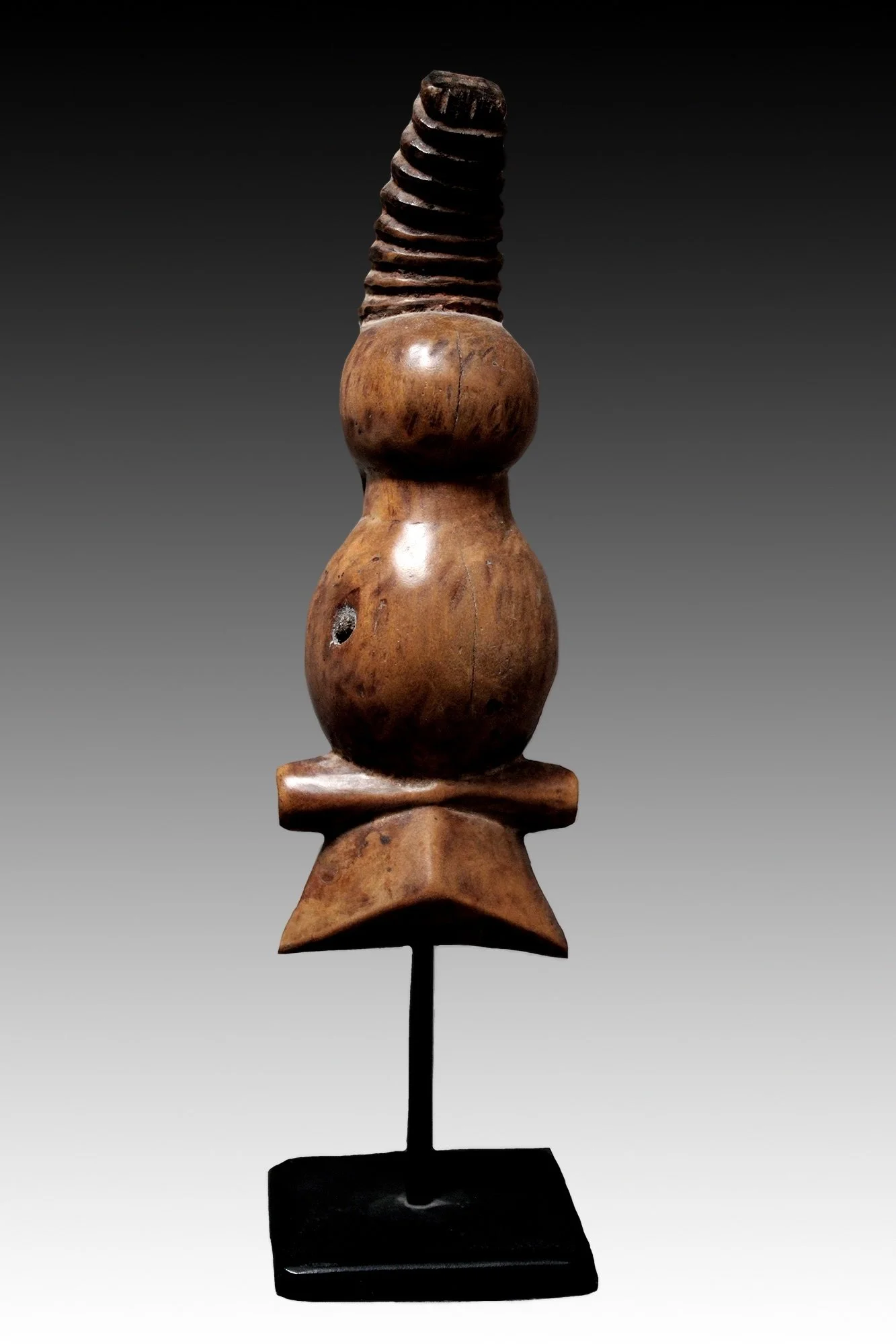 Chokwe whistle, back view with projecting antelope horn that symbolizes power and virility.  www.gallerytribalart.com