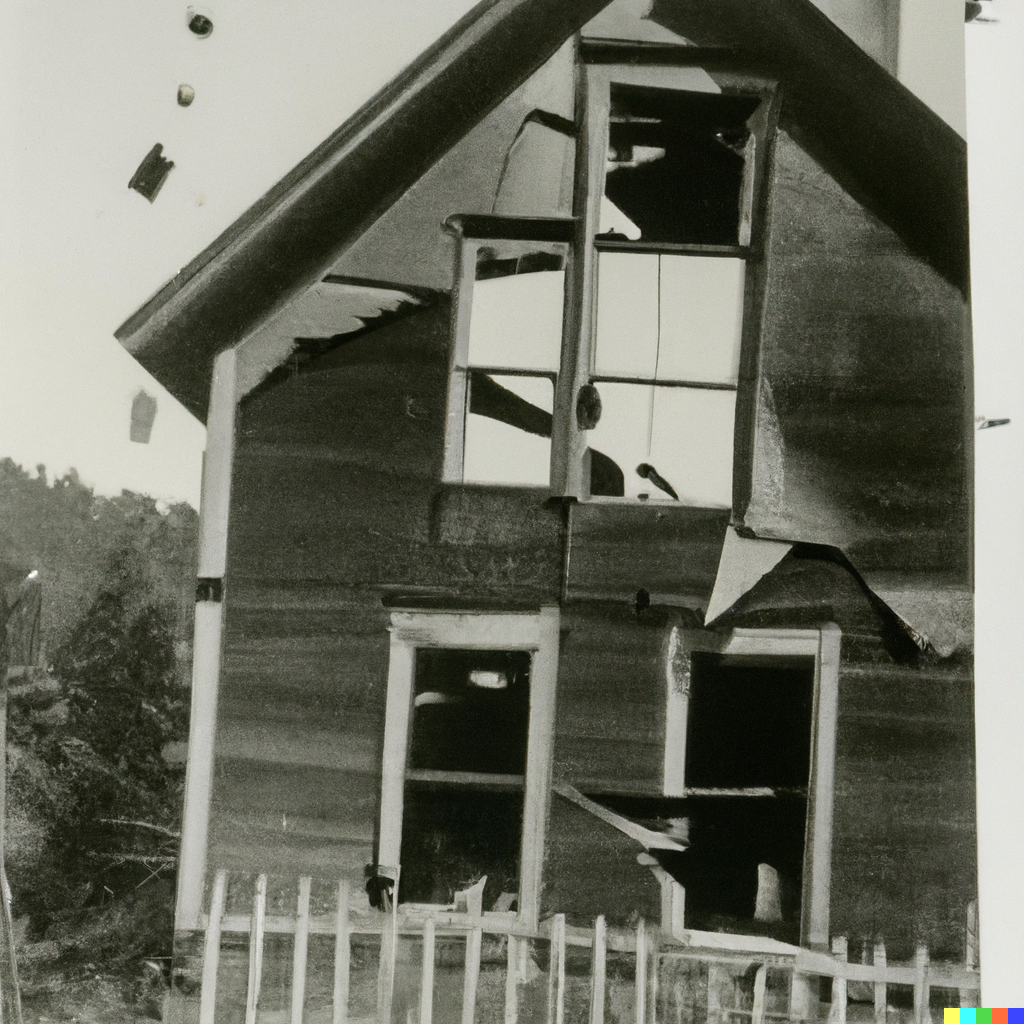 DALL·E 2024-03-07 00.17.29 - a house just exploding, widows popping, old photograph.png
