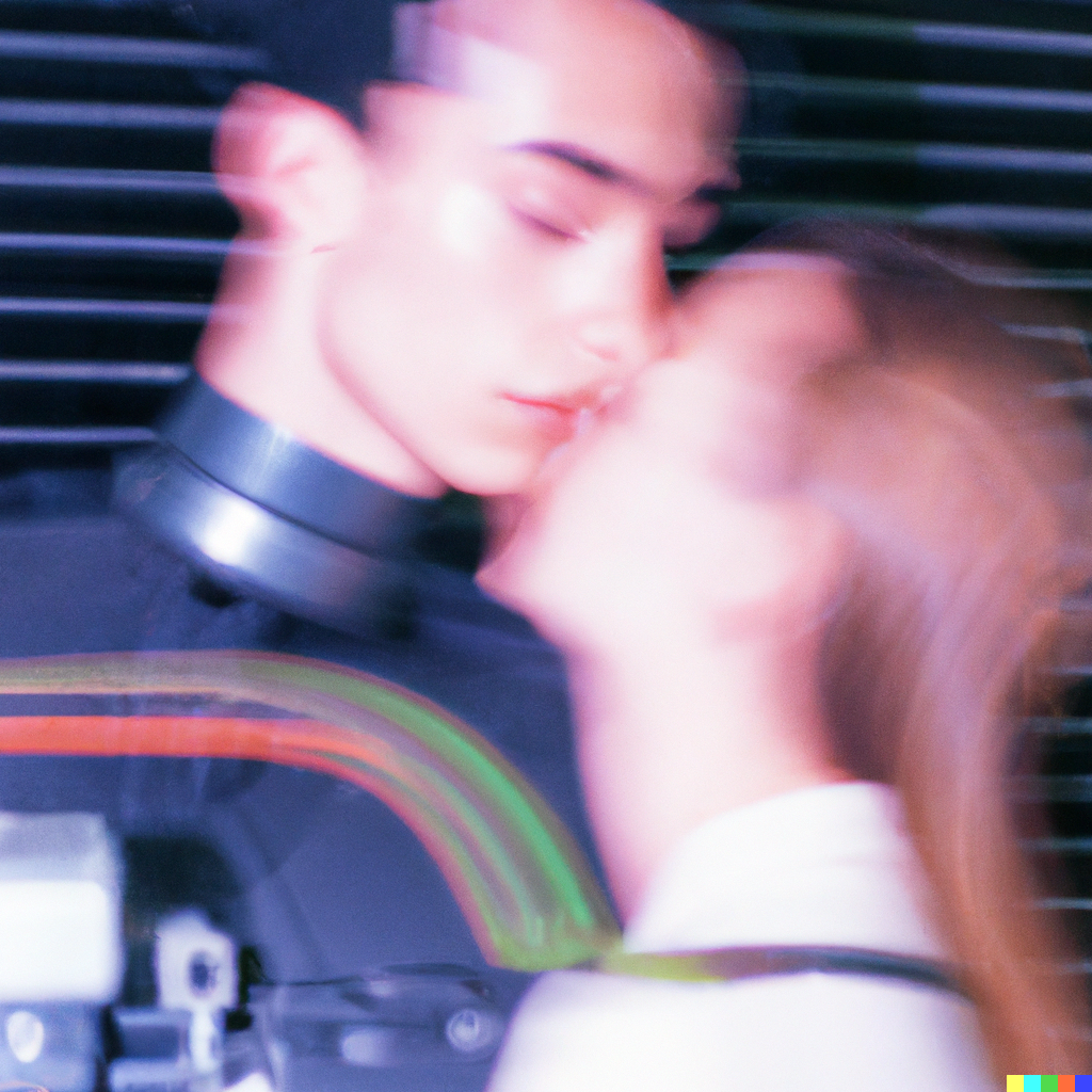DALL·E 2024-03-07 00.27.47 - realistic image taken with a hasselblad camera of a human robot, the film is expired and his face is with the moiré effect, he is falling in love with.png