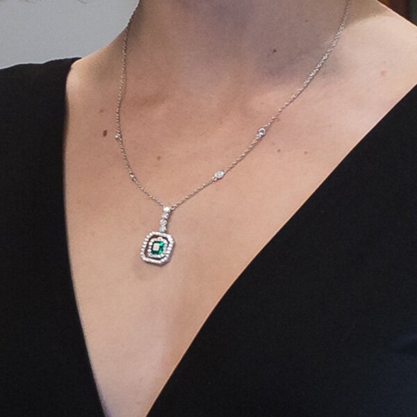 Two Emerald Pendant with A Diamond - 1.08ct TW - Eshli Fine Jewelry