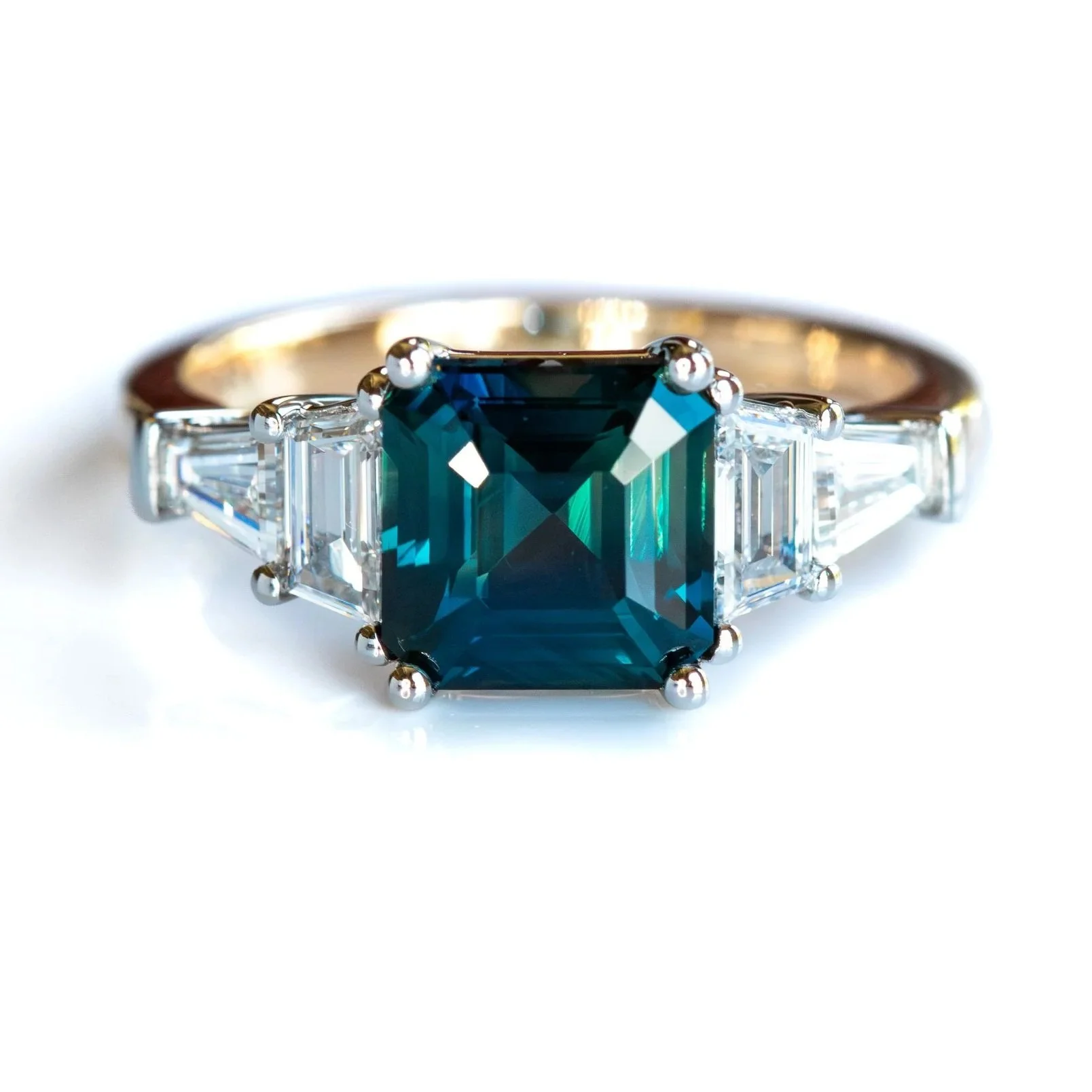 Asscher-Cut Teal Sapphire & Diamond Ring