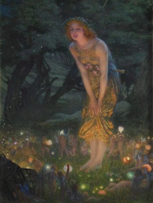 A woman in a golden dress surrounded by a group of small, mystical creatures in a dark forest setting. The creatures hold glowing orbs, and the scene has an ethereal, dreamlike quality.