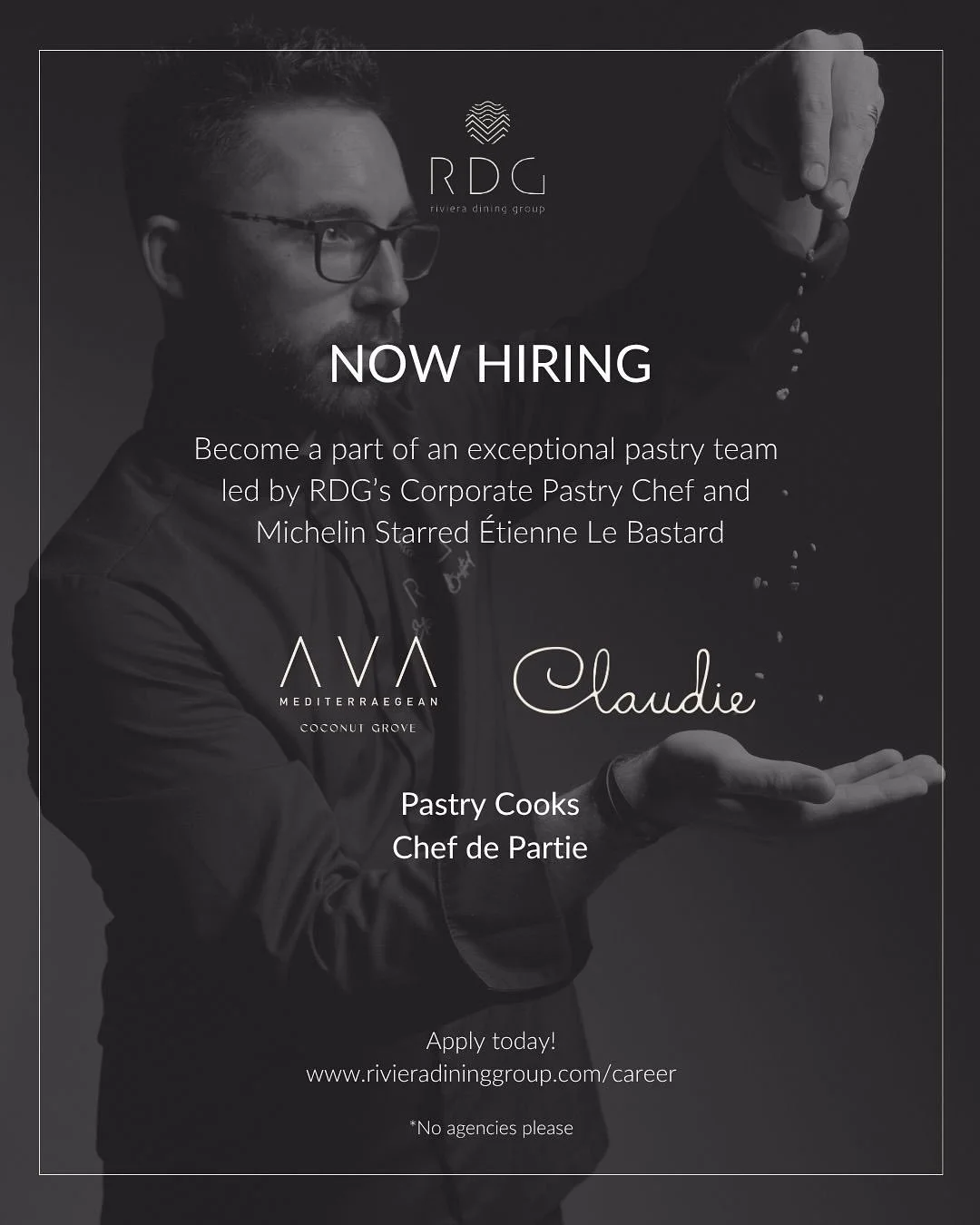 We are hiring! Become a part of an exceptional pastry team at our newest location, AVA MediterrAegean Coconut Grove, and CLAUDIE, led by RDG&rsquo;s Corporate Pastry Chef and 
Michelin Starred &Eacute;tienne Le Bastard. Apply via link in bio. | #RDG 