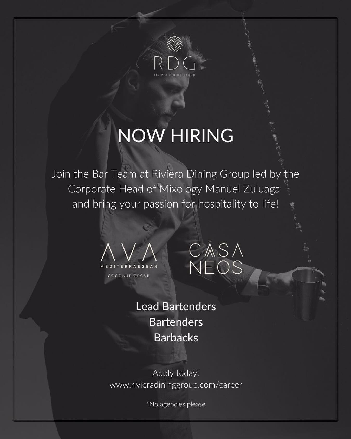 Join the bar team at CASA NEOS and our newest sister location AVA MeditterAegan Coconut Grove, led by the Corporate Head of Mixology Manuel Zuluaga and bring your passion for hospitality to life. Apply at the link today. | #RDG #Hiring
