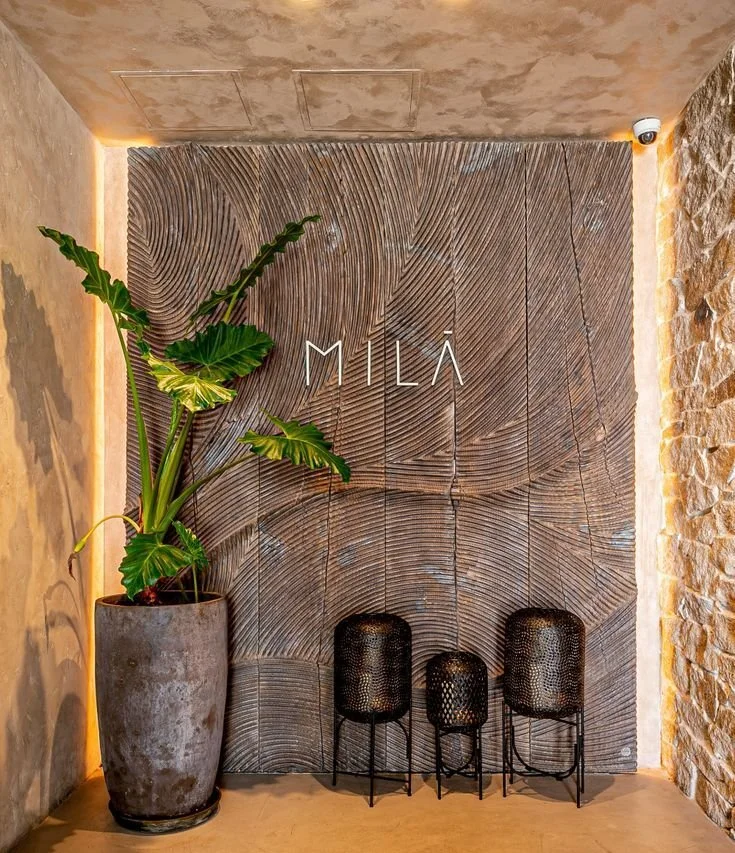 Modern interior entryway with a potted tropical plant, textured wood wall labeled “MILÀ,” and three black metal lanterns.