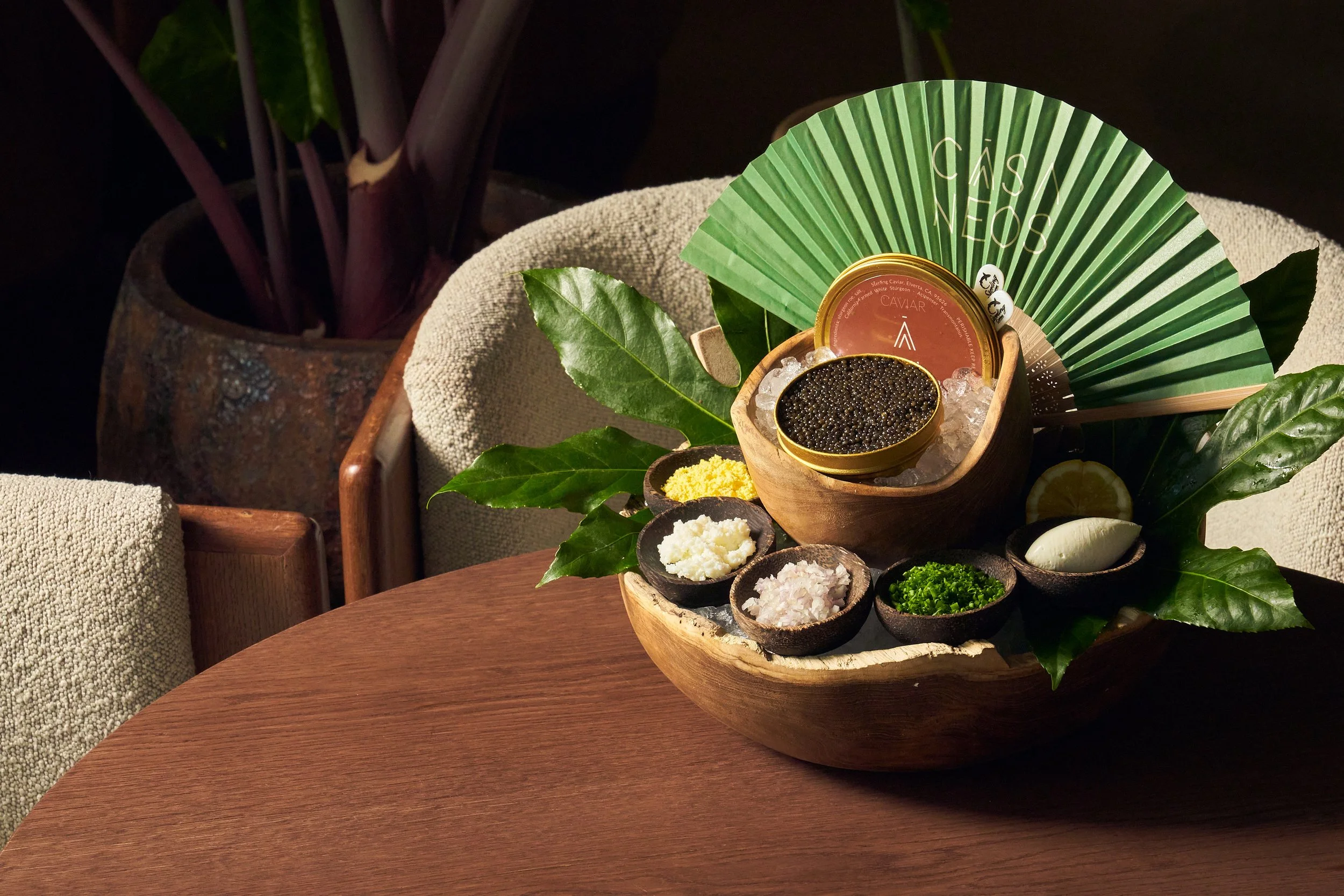 A Caviar selection displayed very elegantly, accompanied with a CASA NEOS decorated fan, in a fancy bowl.