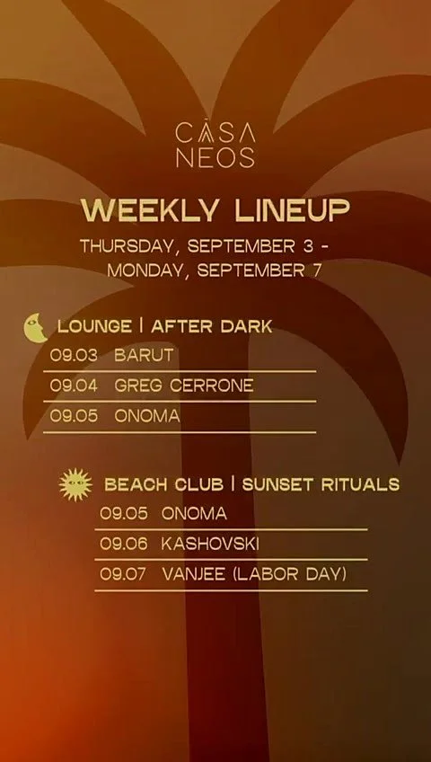 Weekly lineup poster for Casa Neos from September 3 to September 7, listing events at Lounge and Beach Club with dates and performers.