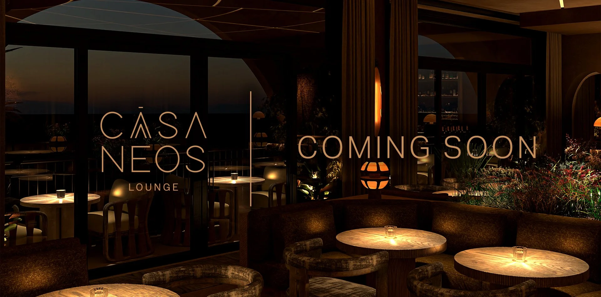 The CASA NEOS Lounge at night, with a luxury ambiance.