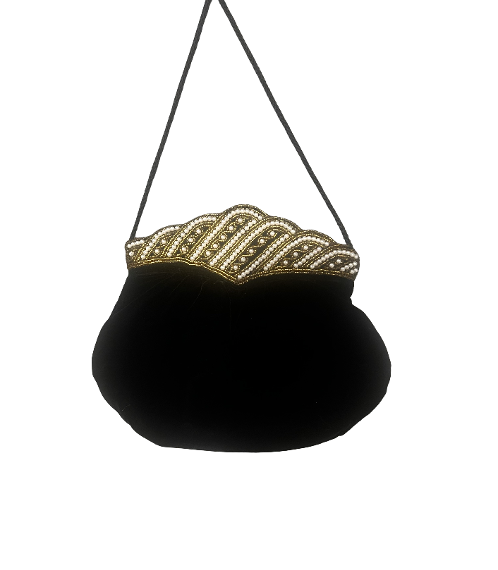 Black Velvet Evening Shoulder Bag with Beaded Embellishments