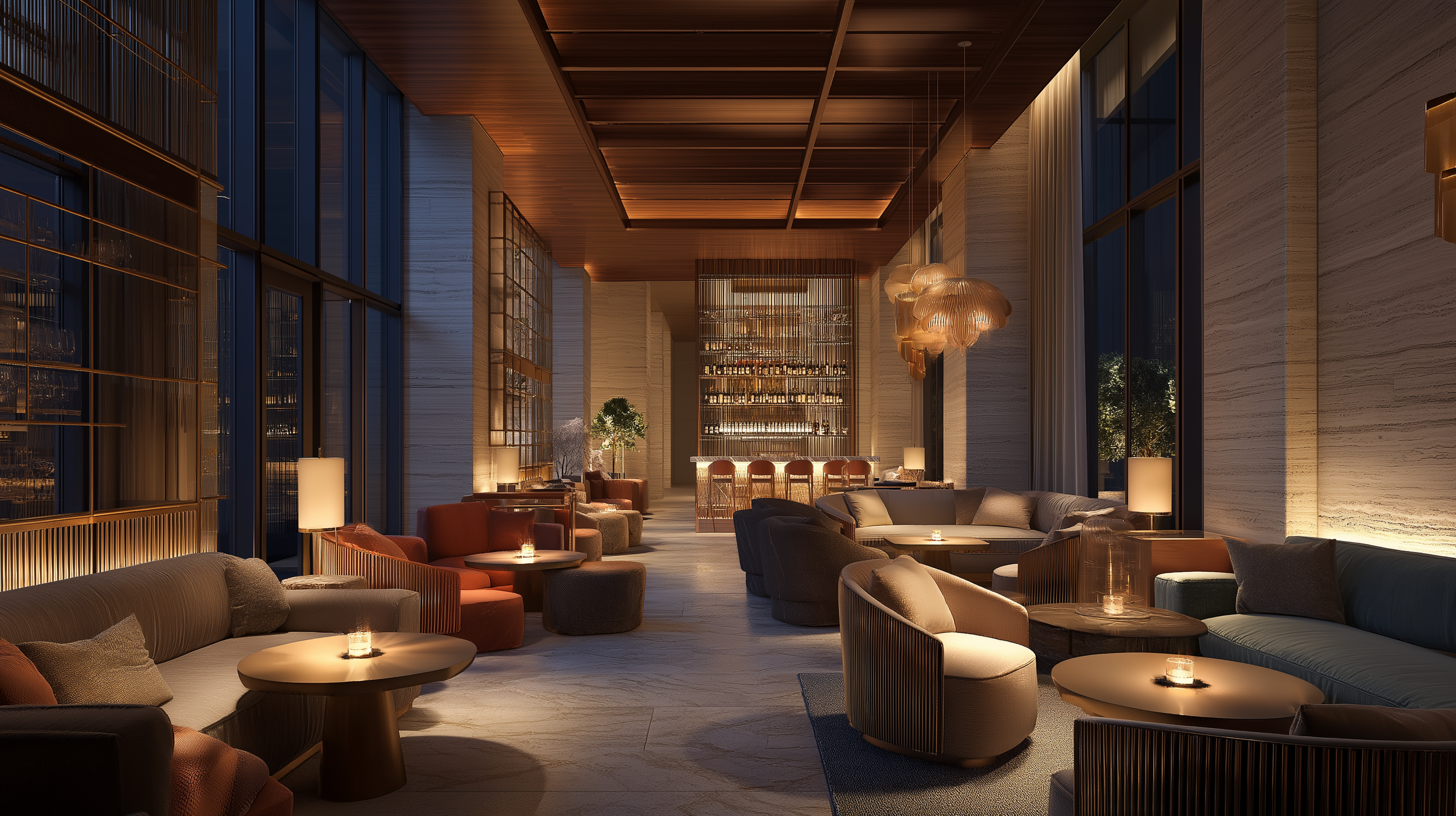 Luxury hotel lounge with warm ambient lighting and layered seating designed to increase dwell time and guest engagement in hospitality environments
