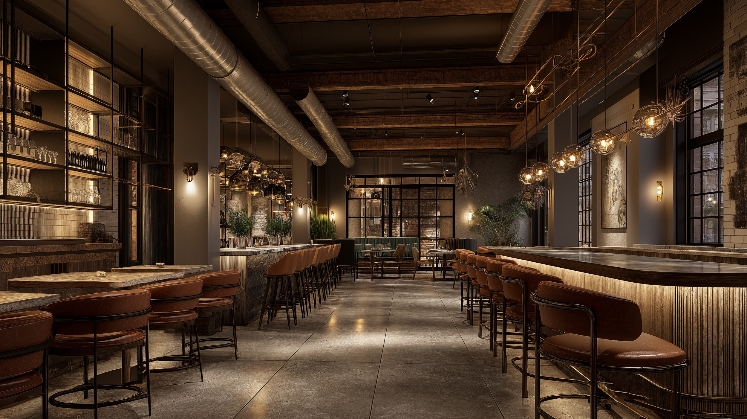 Upscale restaurant interior with efficient layout, bar seating, and clear circulation paths supporting operational flow and guest experience