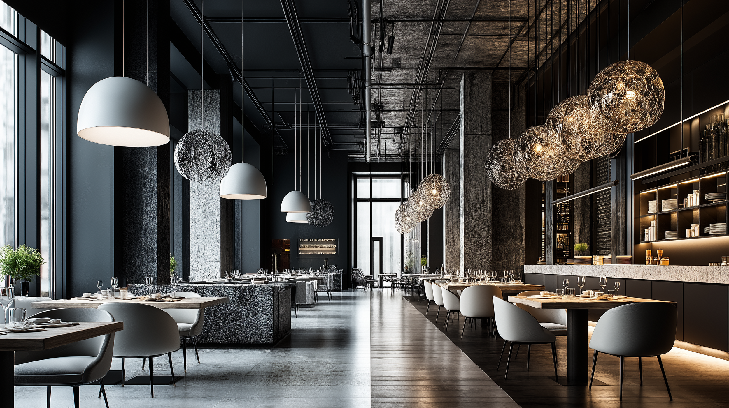 Split view restaurant interior showing bright uniform lighting versus warm layered lighting demonstrating impact on guest comfort and dwell time
