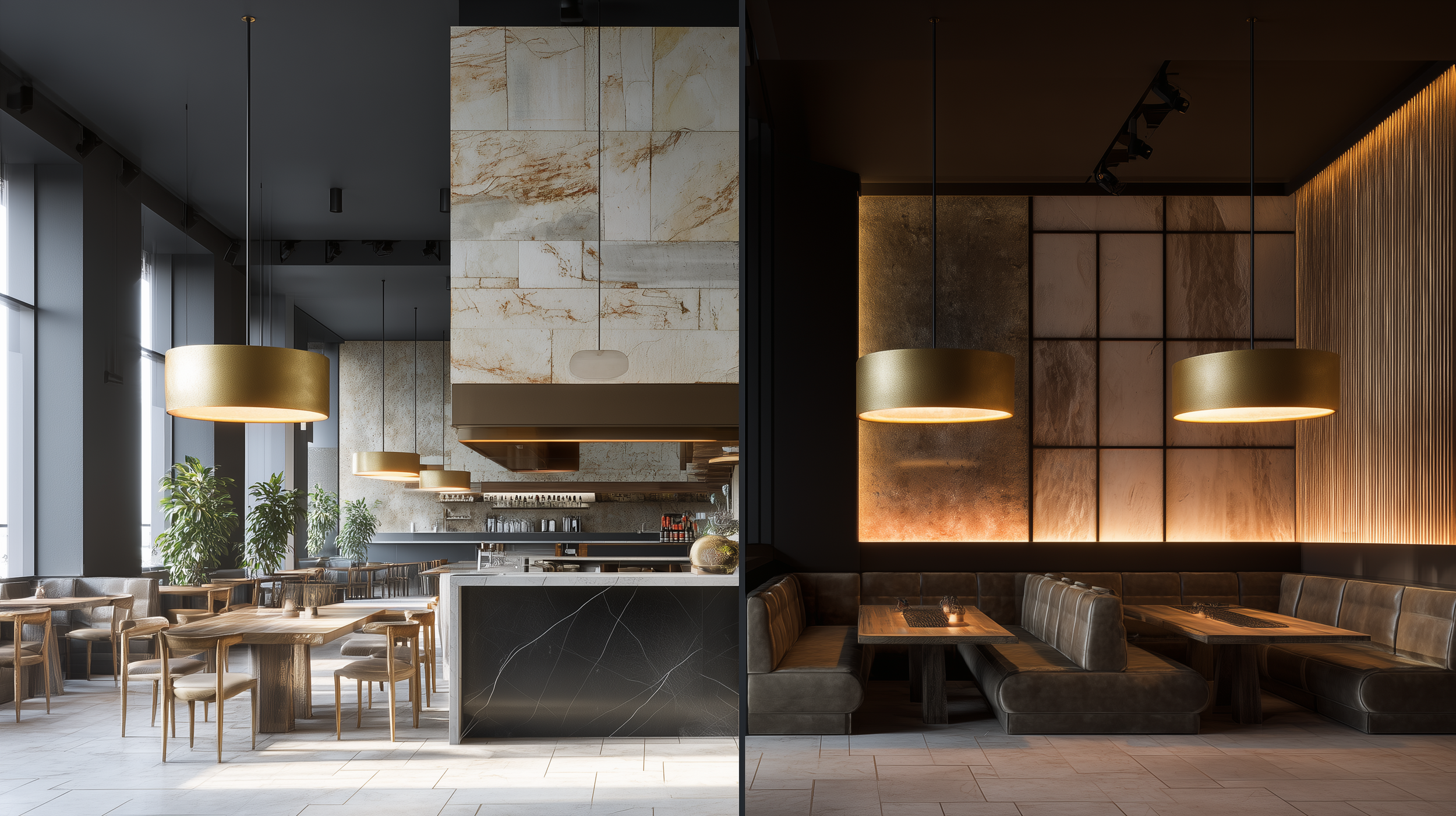 Split view of modern restaurant interiors showing bright generic design versus warm layered hospitality lighting that enhances guest experience and dwell time