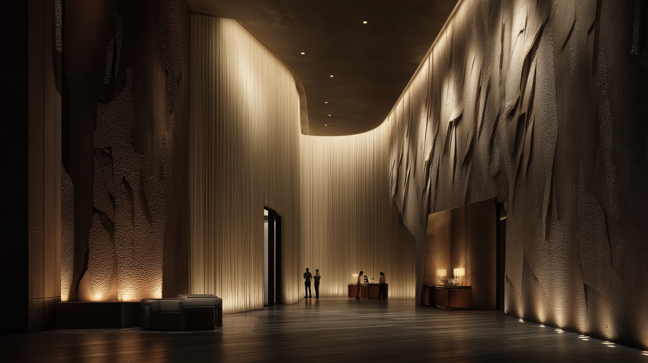 Dramatic hospitality entry space with textured walls and warm lighting creating an immersive arrival experience and strong first impression