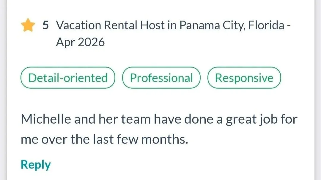 Screenshot of a rental listing, titled 'Vacation Rental Host in Panama City, Florida - Apr 2026' with tags 'Detail-oriented,' 'Professional,' and 'Responsive.' Below, a review mentions Michelle and her team doing a great job over the last few months.