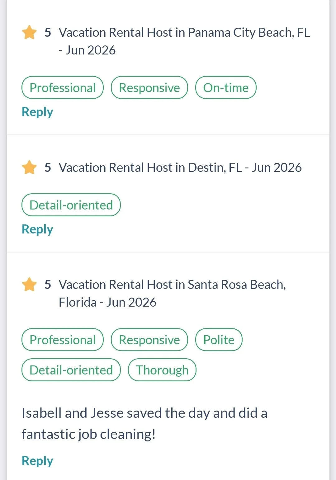 Screenshots of three vacation rental reviews from different locations in Florida, emphasizing positive qualities like professionalism, responsiveness, and detailed cleaning. Airbnb cleaning, VRBO, booking