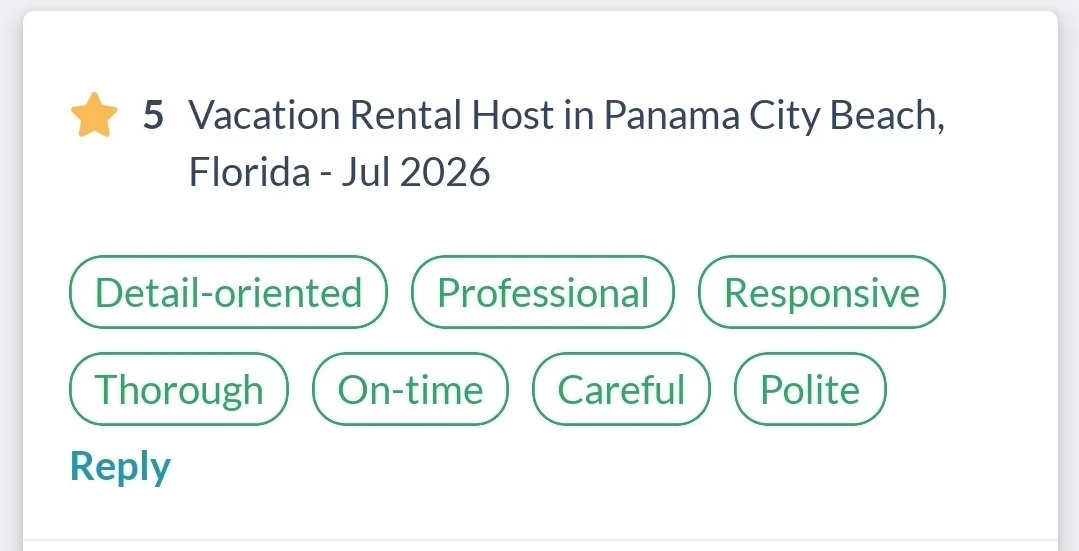 A review for a vacation rental host in Panama City Beach, Florida, dated July 2026, with 5 stars and tags indicating the service was detail-oriented, professional, responsive, thorough, on-time, careful, polite, and includes a reply link.