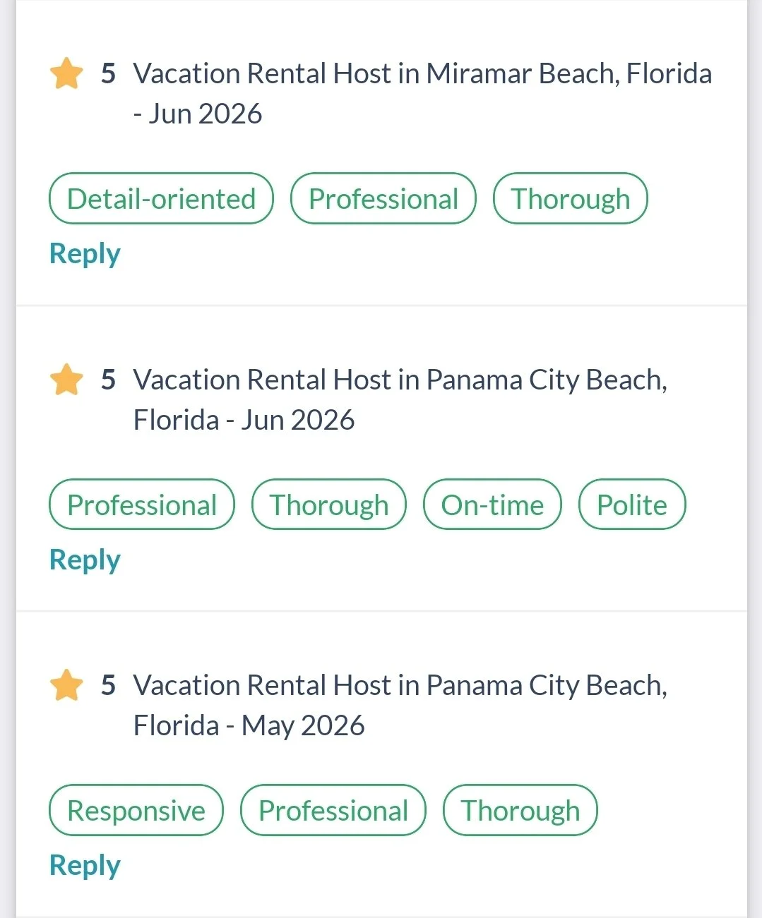 Screenshot of online reviews for vacation rental hosts in Miramar Beach and Panama City Beach, Florida, with ratings and tags such as professional, thorough, on-time, polite, and responsive, dated May and June 2026.