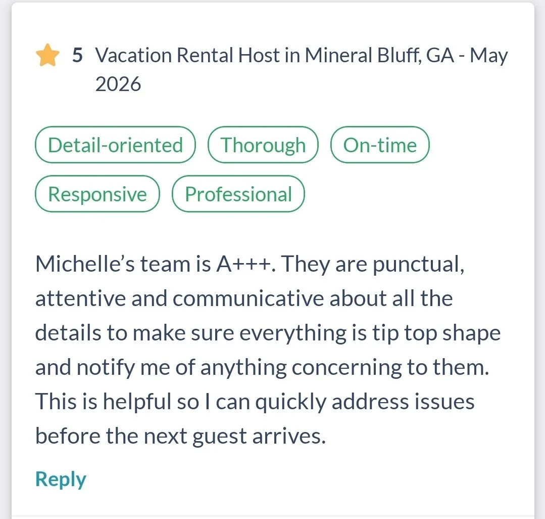  "Vaction Rental Host in Mineral Bluff, GA - May 2026" with tags "Detail-oriented, Thorough, On-time, Responsive, Professional." The review praises Michelle’s team for being punctual, attentive, and communicative, highlighting their professionalism a